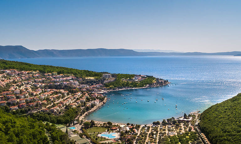 a beach with houses and trees